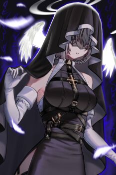 absurdres breasts closed_mouth feathers gloves grey_hair halo head_wings highres large_breasts no_bra nun original rau_ma_(the_rauma001) veil white_gloves wings