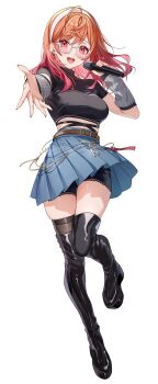 1girl :d absurdres ahoge belt black_arm_warmers black_boots black_shirt black_shorts black_thighhighs blue_skirt boots breasts brown_belt colored_inner_hair commentary_request cropped_shirt earrings full_body glasses gradient_hair grey_arm_warmers grin hairband hand_up highres holding holding_microphone holika_baby hololive hololive_dev_is ichijou_ririka jewelry lace-trimmed_shorts lace_trim long_hair looking_at_viewer medium_breasts microphone midriff miniskirt multicolored_hair open_mouth orange_eyes orange_hair outstretched_arm pink_hair pleated_skirt reaching reaching_towards_viewer semi-rimless_eyewear shirt short_shorts short_sleeves shorts shorts_under_skirt sidelocks simple_background single_thighhigh skirt smile solo standing standing_on_one_leg swept_bangs thigh_boots thighhighs turtleneck virtual_youtuber white_background white_hairband