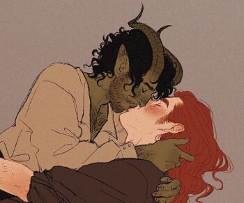 2boys arcanegold arm_freckles arm_hair beard_stubble black_hair blush body_freckles brown_background brown_shirt chest_hair closed_eyes collared_shirt colored_skin commentary curled_horns curly_hair demon_boy demon_horns dungeons_&amp;_dragons english_commentary eyelashes facial_hair fantasy film_grain freckles green_skin hair_behind_ear hair_pulled_back hand_on_another&#039;s_back hand_on_another&#039;s_neck horns kiss long_hair long_sleeves lying multiple_boys neck_freckles orange_hair original poet_shirt pointy_ears puffy_long_sleeves puffy_sleeves renaer_neverember_(arcanegold) shirt short_hair sideburns_stubble simple_background sketch sleeves_rolled_up stubble thick_eyebrows tiefling upper_body vincent_obra_(arcanegold) warm_colored wavy_hair white_shirt yaoi