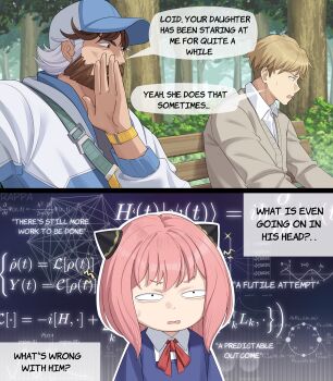 Rule 34 | 1girl, absurdres, anya (spy x family), artist name, beard, blonde hair, blue eyes, brown hair, connected beard, crossover, facial hair, fantastic four, highres, jacket, long sleeves, marvel, marvel rivals, multiple boys, muscular, rappa (sirrappa), reed richards, reed richards (dad-tastic reed), shirt, short hair, smile, spy x family, twilight (spy x family), white shirt