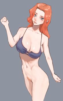 1girl bare_shoulders bleach blue_eyes bottomless breasts collarbone female_focus female_pubic_hair highres large_breasts long_hair matsumoto_rangiku mole mole_under_mouth numb3r_3 orange_hair orange_pubic_hair pubic_hair simple_background