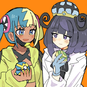 2girls :d bad_id bad_pixiv_id black_dress blonde_hair blue_eyes blue_gloves blue_hair blue_nails blunt_bangs blush bob_cut canari_(pokemon) closed_mouth coat crop_top cropped_jacket dark-skinned_female dark_skin dress gloves gwynn_(pokemon) han0579 hat highres holding holding_poke_ball jacket long_sleeves looking_at_another multicolored_hair multicolored_nails multiple_girls nest_ball nintendo open_clothes open_coat open_mouth orange_background partially_fingerless_gloves poke_ball pokemon pokemon_legends:_z-a purple_eyes purple_hair quick_ball short_hair smile split-color_hair twintails two-tone_hair two-tone_nails upper_body white_coat yellow_jacket yellow_nails