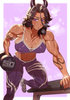 1girl abs absurdres arm_support bench border brown_hair character_request commission covered_erect_nipples dark-skinned_female dark_skin dumbbell exercising highres horns leg_support looking_at_viewer ming_liu muscular muscular_female muscular_male original pants purple_eyes shoes sneakers solo steaming_body sweat tattoo white_border yoga_pants