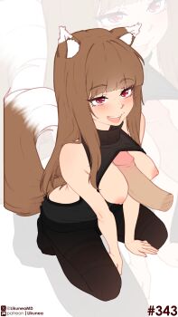 1boy 1girl absurdres animal_ear_fluff animal_ears black_pants black_shirt blunt_bangs blush breasts brown_hair clothes_lift commentary disembodied_penis english_commentary fang highres holo likunea long_hair medium_breasts nipples open_mouth paizuri pants patreon_logo patreon_username penis red_eyes shirt shirt_lift sidelocks simple_background sitting smile spice_and_wolf sweater tail turtleneck turtleneck_sweater twitter_username twitter_x_logo uncensored wolf_ears wolf_girl wolf_tail zoom_layer