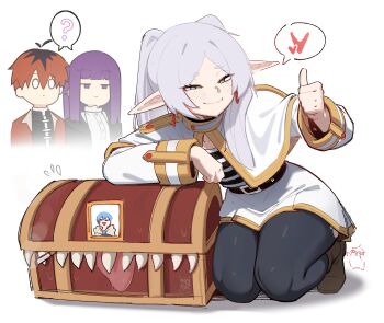 Rule 34 | 1boy, 2girls, ?, absurdres, black pantyhose, black robe, boots, brown boots, capelet, closed mouth, commentary, english commentary, fern (sousou no frieren), frieren, green eyes, highres, himmel (sousou no frieren), long hair, long sleeves, looking at another, mimic, mimic chest, multiple girls, pantyhose, pointy ears, purple eyes, red hair, red shirt, robe, ryzz ryzz, shirt, short hair, smug, sousou no frieren, spoken question mark, stark (sousou no frieren), thumbs up, twintails, white background, white capelet, white hair, white robe