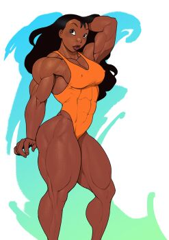 abs arm_up black_hair breasts covered_erect_nipples dark-skinned_female dark_skin feet_out_of_frame lilo_&amp;_stitch long_hair muscular muscular_female nani_pelekai one-piece_swimsuit orange_one-piece_swimsuit pokkuti simple_background swimsuit thick_thighs thighs