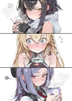 3girls @_@ absurdres amber_(stella_sora) arm_guards armpit_crease bare_shoulders beret black_gloves black_vest blush closed_mouth collarbone collared_shirt commentary crossed_bangs cup ear_blush earrings embarrassed fingerless_gloves flying_sweatdrops gloves hair_between_eyes hair_ornament hairclip hat highres holding holding_cup hot_chocolate iris_(stella_sora) jewelry long_hair looking_at_viewer looking_to_the_side medium_hair mug multiple_girls necktie noya_(stella_sora) pepq purple_hair red_necktie scarf shirt short_hair simple_background single_earring squiggle steam stella_sora sweatdrop tsurime upper_body vest white_background white_scarf white_shirt