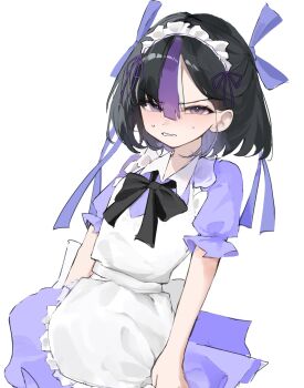 1girl alternate_costume annoyed apron black_background black_bow black_bowtie black_hair blush bow bowtie clenched_teeth collared_dress commentary_request dress dutch_angle embarrassed goddess_of_victory:_nikke hair_ribbon highres looking_at_viewer maid_apron maid_headdress multicolored_hair purple_dress purple_eyes purple_ribbon purple_streaks ribbon rkunfeilfx17624 short_hair solo standing streaked_hair sweat syuen_(nikke) teeth white_apron white_streaks