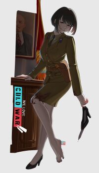 1girl absurdres belt black_hair blood blood_on_clothes blood_on_face bright_pupils desk flag green_jacket green_necktie green_shirt green_skirt gun hairband highres jacket kgb knife military_dress_uniform military_jacket military_uniform necktie original portrait_(object) puto_trash red_hairband shirt shoe_knife shoulder_boards single_bare_foot skirt skorpion_vz._61 smile solo soviet submachine_gun vladimir_lenin we_love_cold_war weapon white_background white_pupils