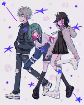 Rule 34 | 1boy, 2girls, absurdres, alternate costume, alternate footwear, baseball cap, black dress, black hair, black hat, black jacket, black nails, black shoes, black socks, breast pocket, collared jacket, collared shirt, colored inner hair, commentary request, cream (zutomayo), demon horns, denim, denim jacket, dress, fingernails, from side, frown, gray-kun (cream) (zutomayo), gray-kun (zutomayo), green hair, grey hair, grey hoodie, hands in pockets, hat, highres, hood, hood down, hoodie, horns, jacket, kneehighs, looking at viewer, medium hair, multicolored hair, multiple girls, myon (tokipi), nail polish, nira-chan, nira-chan (cream) (zutomayo), nira-chan (zanki) (zutomayo), pants, pink eyes, pink hair, pocket, purple eyes, purple hair, shirt, shoes, skirt, sleeves past fingers, sleeves past wrists, socks, streaked hair, sweater, torn clothes, torn pants, two-tone hair, white horns, white shirt, white shoes, white skirt, white socks, white sweater, zanki (zutomayo), zutto mayonaka de ii no ni