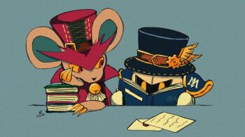 2boys anchor_026 animal_ears blue_background blue_hat book book_stack cape claws colored_sclera commentary_request daroach envelope furry furry_male hat holding holding_book kirby_(series) letter looking_at_another male_focus mask meta_knight mouse_boy mouse_ears multiple_boys nintendo open_book reading red_cape red_eyes red_hat signature top_hat yellow_eyes yellow_sclera