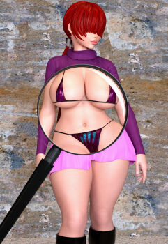 1girl boots breasts curvy glass huge_breasts large_breasts long_hair magnifying_glass nipples pale_skin panties ponytail red_hair ryu4life see-through_clothes shermie_(kof) shiny_clothes skirt sweater the_king_of_fighters thick_lips thick_thighs thighs tight_clothes twintails underwear wide_hips x-ray