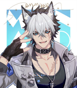 1boy animal_ear_fluff animal_ear_piercing animal_ears black_gloves black_hair black_sclera black_shirt blue_background blue_eyes body_fur border collar collarbone colored_sclera commentary_request commission crossed_bangs dog_boy dog_ears fingerless_gloves gloves hair_between_eyes hand_up jacket jewelry komano_manato komano_manato_(white_heart_silhouette) looking_at_viewer male_focus multicolored_hair multiple_scars muscular muscular_male necklace open_mouth orsat pectorals scar scar_across_eye scar_on_chest scar_on_face shirt short_hair solo spiked_jacket torn_clothes torn_shirt upper_body v-shaped_eyebrows white_border white_hair white_jacket zenless_zone_zero