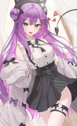Rule 34 | 1girl, absurdres, black skirt, blush, breasts, colored inner hair, demon tail, fake horns, forte kr, green eyes, hair ornament, hairclip, hat, heart, heart o-ring, highres, hololive, horned headwear, horns, jirai kei, long hair, looking at viewer, multicolored hair, o-ring, o-ring thigh strap, official alternate costume, open mouth, pink hair, purple hair, shirt, skirt, smile, solo, tail, teeth, thigh strap, tokoyami towa, tokoyami towa (jirai kei), upper teeth only, virtual youtuber, white shirt, x hair ornament