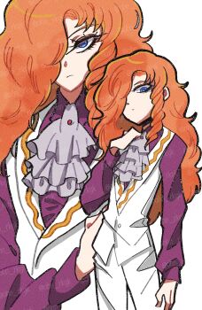 1boy arm_at_side artist_name ascot blue_eyes closed_mouth collared_shirt commentary_request drill_hair drill_sidelocks frown grey_ascot hair_over_one_eye hand_on_own_chest highres long_hair long_sleeves looking_at_viewer male_focus maraich_juschenfe multiple_views ohanamushi orange_hair pants patalliro! purple_shirt shirt sidelocks simple_background single_sidelock very_long_hair vest watermark white_background white_pants white_vest wing_collar