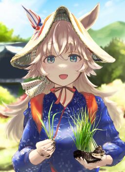1girl animal_ears blue_kimono blurry blurry_background blush brown_hair ears_through_headwear green_eyes hat headscarf highres horse_ears horse_girl inuyama_tarou japanese_clothes kimono long_hair long_sleeves mud open_mouth outdoors rice_planting solo straw_hat thick_eyebrows umamusume upper_body wonder_acute_(umamusume)
