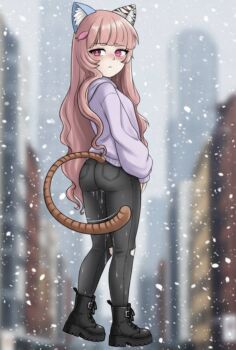 akemithekitten animal_ears cat_ears cat_girl cat_tail highres loli original outdoors public_indecency pussy_juice snow snowing tail walking winter_clothes