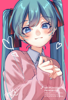 1girl absurdres aqua_eyes aqua_hair aqua_nails aqua_necktie black_ribbon blush closed_mouth commentary_request hair_between_eyes hair_ribbon hatsune_miku highres long_hair looking_at_viewer mai_mugi necktie pink_background pink_sweater red_ribbon ribbon signature simple_background sleeves_past_wrists smile solo sweater twintails very_long_hair vocaloid watermark