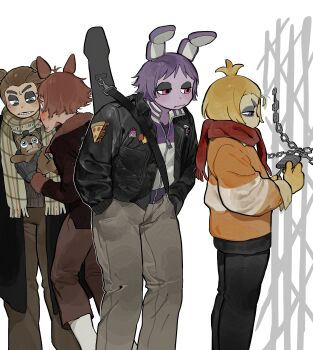 absurdres animal_ears balloon beard bnm6517 bonnie_(fnaf) chica commentary facial_hair five_nights_at_freddy's food foxy_(fnaf) freckles freddy_fazbear from_behind gate guitar_case hat highres hood hoodie humanization instrument_case jacket key leaning_forward lock looking_at_another pants pizza pizza_slice scarf short_hair simple_background skirt snow socks stuffed_animal stuffed_toy top_hat winter_clothes zipper
