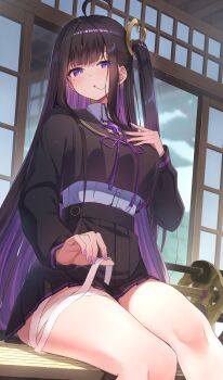1girl absurdres ahoge bandage_on_thigh black_hair black_sailor_collar black_skirt breasts chitose_(stella_sora) colored_inner_hair commentary_request highres long_hair long_sleeves looking_at_viewer mole mole_under_eye multicolored_hair one_side_up pleated_skirt purple_eyes purple_hair purple_nails ringopan sailor_collar sidelocks sitting skirt solo stella_sora