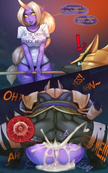 ! 10s 1boy 1girl 2018 bandages bikupan black_skin blonde_hair blue_eyes blush body_marking body_markings breeding cloud cloudy_sky colored_skin couple cum cum_bubble cum_in_pussy cum_overflow deep_penetration dialogue_box english_text evelynn_(league_of_legends) evening fertilization fidgeting flirting_as_a_couple furry furry_with_furry grass helmet hetero hooves horn impregnation instant_loss league_of_legends lipstick makeup mating_press mountain muscular nasus night night_sky ovum panties pointy_ears purple_skin ? requesting_impregnation rod rough_sex screaming see-through_clothes see-through_shirt sex shirt sky soraka_(league_of_legends) sound_effects speech_bubble sperm_cell t-shirt testicle_hair trembling underwear yellow_eyes