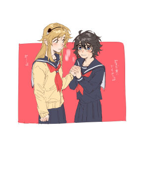 2girls black_sailor_collar black_shirt black_skirt blonde_hair blush brown_hair cardigan chinese_commentary commentary glasses grin highres holding_hands jiguang_haibao koishikawa_iko long_hair long_sleeves momijiyama_teru multiple_girls neckerchief red_neckerchief sailor_collar shirt short_hair shy_(series) skirt smile teeth translation_request