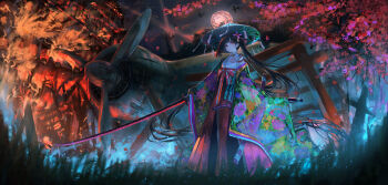 1girl absurdres aiguillette aircraft airplane ajirogasa asymmetrical_hair autumn_leaves black_hair blunt_bangs blunt_ends burning burning_building commentary_request detached_sleeves expressionless facial_mark falling_leaves feet_out_of_frame fighter_jet fishnet_pantyhose fishnets floral_print floral_print_kimono full_moon grass green_kimono hair_ribbon hakama hakama_skirt hat heart heart_facial_mark high_ponytail highres holding holding_sword holding_weapon japanese_clothes katana kimono kirei_natuki layered_kimono leaf light_particles long_hair looking_at_viewer maple_leaf maple_tree military_vehicle moon multiple_swords multiple_torii night nontraditional_miko open_clothes open_kimono original outdoors pantyhose parted_lips pelvic_curtain pinwheel_hair_ornament ponytail print_kimono red_eyes red_hakama red_skirt ribbon ribbon-trimmed_sleeves ribbon_trim sheath sheathed shoulder_boards skirt sleeveless sleeveless_kimono sleeves_past_fingers sleeves_past_wrists solo standing sword talisman tassel torii tree underbust very_long_hair weapon white_kimono white_sleeves wide_sleeves