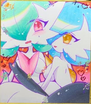 2girls absurdres alternate_color blue_hair blush bob_cut breasts colored_skin gardevoir gay gen_3_pokemon green_hair groping hair_over_one_eye highres mega_gardevoir mega_pokemon multiple_girls nintendo nipples orange_eyes pink_eyes pokemon pokemon_(creature) shiny_and_normal shiny_pokemon shiratsuki_(royal_moon) traditional_media white_skin yuri