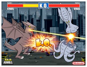 alien beak bone breath_weapon building bus car character_name city cityscape cloud cloudy_sky daiei_motion_picture death destruction energy energy_beam english_text explosion fins gameplay_mechanics gamera_(series) gamera_vs._gyaos gamera_vs._viras gyaos health_bar kaiju laser motor_vehicle mouth_beam night nintendo no_humans no_pupils octopus overcast parody phil_postma sea_monster sharp_teeth sky skyscraper space_monster squid tail teeth tentacles ultrasonic_scalpel video_game viras weapon wings yellow_eyes yellow_laser