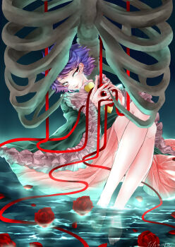 1girl absurdres aqua_background aqua_shirt barefoot bone buttons commentary_request floral_print floral_print_skirt flower frilled_sleeves frills full_body heart_button highres in_water knees komeiji_satori lips looking_up pink_skirt print_skirt purple_hair red_eyes red_flower red_ribbon red_rose ribbon ribs rose shirt short_hair signature sitting skirt smile solo third_eye totomaru_aka touhou water