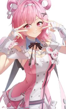 1girl arms_up bandages black_bow black_bowtie blush bow bowtie breasts chiz_(nte) cleavage closed_mouth commentary cowboy_shot cryne double_v dress hair_ornament hair_ribbon highres loki_(marvel) medium_breasts neverness_to_everness pink_eyes pink_hair ribbon short_hair simple_background smile solo standing twitter_username v v_over_eye white_background wrist_cuffs x_hair_ornament