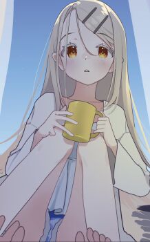 1girl blonde_hair blue_background blue_shorts blush camisole colored_eyelashes commentary_request cup denim denim_shorts feet_out_of_frame from_below gakuen_idolmaster gradient_background hair_ornament hairclip highres holding holding_cup idolmaster knees_up lily-an long_hair long_sleeves looking_at_viewer mug open_clothes open_robe orange_eyes parallel_hairclips parted_lips robe shinosawa_hiro shorts sitting solo swept_bangs toes white_camisole white_robe wide_sleeves