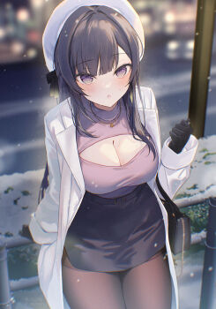 1girl :o airen_(starseed) black_gloves black_skirt blunt_bangs blurry blurry_background blush breasts brown_pantyhose cleavage coat commentary_request gloves half_updo hat large_breasts long_hair looking_at_viewer miniskirt open-chest_sweater open_clothes open_coat outdoors pantyhose pencil_skirt purple_eyes purple_sweater red_coat silltare skirt solo starseed:_asnia_trigger sweater thighs very_long_hair white_hat