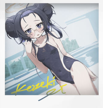 1girl black_hair blue_archive blue_eyes breasts double_bun forehead glasses hair_bun halo highres messy_hair nemo_(leafnight) one-piece_swimsuit outdoors polaroid_photo pool school_swimsuit small_breasts swimsuit ui_(blue_archive)