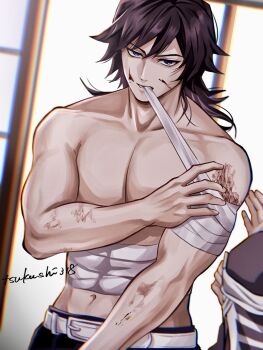 2boys bandaged_arm bandages belt black_hair black_pants blue_eyes half-closed_eyes highres indoors kimetsu_no_yaiba looking_at_viewer low_ponytail male_focus mouth_hold multiple_boys muscular muscular_male pants ponytail spiked_hair tomioka_giyuu topless_male tsukushi318 white_belt