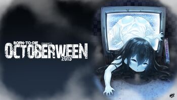 1girl 2019 all_fours artist_name ass black_hair blue_eyes born-to-die dress female_focus hair_between_eyes halloween highres japanese_text legs_apart loli long_hair looking_at_viewer open_mouth pale_skin see-through_clothes solo static sweat television the_ring through_medium through_screen top-down_bottom-up videocassette wet wet_clothes wet_dress wet_hair white_dress yamamura_sadako