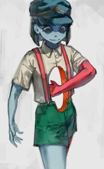 1girl black_hair blunt_ends bob_cut colored_skin ena:_dream_bbq ena_(dream_bbq) ena_(series) ena_(species) grey_skin hangover_ena hat highres hole_in_chest hole_in_stomach hole_on_body multicolored_skin red_skin shirt short_sleeves simple_background solo tilltired two-tone_skin