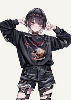 1girl artist_request black_pantyhose choker cropped_legs facing_viewer long_sleeves original pantyhose short_hair shorts solo torn_clothes torn_pantyhose torn_shorts