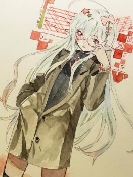 Rule 34 | 1girl, black sweater, brown jacket, commentary, dutch angle, english commentary, eudetenis, glasses, hair between eyes, hair ornament, hand in pocket, hand up, highres, jacket, long hair, long sleeves, looking at viewer, original, parted lips, photo (medium), pointy ears, red eyes, ribbed sweater, semi-rimless eyewear, solo, star (symbol), star hair ornament, sweater, traditional media, under-rim eyewear, very long hair, white hair