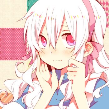 1girl aoi_choko_(aoichoco) blush dress female_focus hair_ribbon kagerou_project kozakura_marry long_hair monaco0704 portrait red_eyes ribbon silver_hair solo