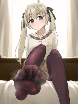 1girl absurdres blonde_hair blush brown_eyes feet highres kasugano_sora long_hair looking_at_viewer pantyhose soles steam toes twintails urin_(littleurin) yosuga_no_sora