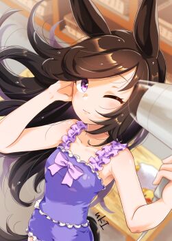 1girl animal_ears bare_shoulders blush bow breasts brown_hair closed_mouth collarbone commentary_request drying drying_hair drying_own_hair flipped_hair hair_dryer hair_over_one_eye highres holding holding_hair_dryer horse_ears horse_girl horse_tail long_hair looking_at_viewer neru_ika one-piece_swimsuit one_eye_closed purple_bow purple_eyes purple_one-piece_swimsuit rice_shower_(umamusume) rubber_duck small_breasts solo swimsuit tail umamusume