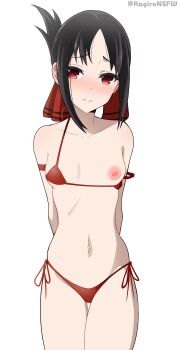 1girl absurdres arms_behind_back bikini bikini_top_pull black_hair breasts cowboy_shot folded_ponytail highres kagironsfw kaguya-sama_wa_kokurasetai_~tensai-tachi_no_renai_zunousen~ looking_at_viewer micro_bikini navel nipples one_breast_out red_bikini red_eyes shinomiya_kaguya side-tie_bikini_bottom simple_background small_breasts solo stomach swimsuit white_background