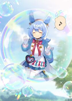 1girl animal_ears apron blue_dress blue_hair bow bowtie bubble character_request closed_eyes closed_mouth commentary_request commission dress eighth_note genshin_impact gloves hands_up hat kou_hiyoyo long_sleeves low_twintails medium_hair musical_note nurse_cap pantyhose puffy_long_sleeves puffy_sleeves red_bow red_bowtie sigewinne_(genshin_impact) skeb_commission smile solo speech_bubble spoken_musical_note twintails white_apron white_gloves white_pantyhose