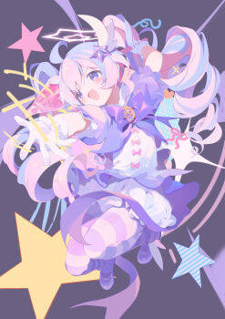 1girl absurdres ahoge blue_archive gloves highres long_hair multicolored_hair official_alternate_costume pink_hair purple_eyes reisa_(blue_archive) reisa_(magical)_(blue_archive) solo star_(symbol) striped_clothes teoskyrios twintails white_gloves