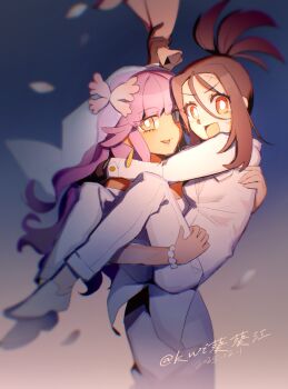 Rule 34 | 2girls, bead bracelet, beads, blunt bangs, bouquet, bracelet, brown hair, carrying, commentary request, dendra (pokemon), flower, highres, holding, holding bouquet, jacket, jewelry, kui kui jiang, long hair, multiple girls, nintendo, open mouth, orange eyes, pink hair, pokemon, pokemon sv, princess carry, tulip (pokemon), veil, white jacket, wife and wife, yuri