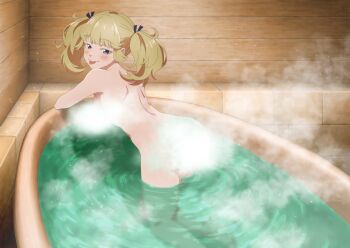1girl :p absurdres ass blonde_hair commentary_request completely_nude convenient_censoring from_behind highres in_bathtub kekkon_yubiwa_monogatari looking_at_viewer looking_back morion_novaty_nokanatika nude official_art partially_submerged purple_eyes solo steam steam_censor tongue tongue_out twintails water
