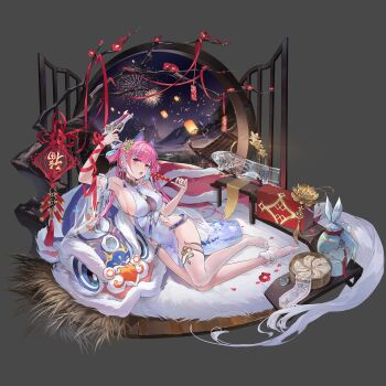 1girl armpits bamboo_steamer blue_hair breasts chap_sal_! cleavage commentary_request dumpling flower food grey_background gun hair_ornament handgun highres holding holding_food holding_gun holding_weapon jiaozi kazama_shizuku_(riichi_city) large_breasts light_blue_hair looking_at_viewer multicolored_hair official_art petals pink_hair red_eyes red_flower red_petals riichi_city simple_background single_thighhigh sitting skateboard solo streaked_hair tanghulu thighhighs two-tone_hair weapon white_thighhighs yokozuwari