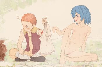 1boy 1girl berserk blue_eyes blue_hair blush breasts butterchalk clothed_male_nude_female commentary completely_nude dress embarrassed grass highres holding holding_shirt holding_unworn_clothes holding_unworn_dress indian_style isidro_(berserk) isma loli navel nude open_mouth pussy red_hair shirt short_hair sitting small_breasts sweat uncensored unworn_dress unworn_shirt white_shirt