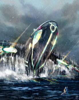 1girl bikini blonde_hair cloud cloudy_sky gen_1_pokemon gen_3_pokemon glowing glowing_eyes highres kyogre lapras legendary_pokemon long_hair looking_to_the_side mario_(2669431) mixed-language_commentary nintendo ocean outdoors pink_bikini pokemon pokemon_(creature) primal_kyogre rain riding riding_pokemon signature sky splashing swimsuit twitter_username water watermark yellow_eyes